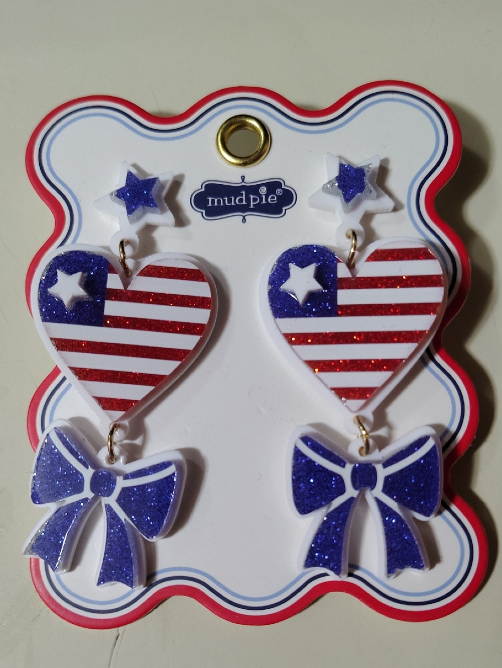 Mud Pie Red White Blue Star & Bow Dangle Earrings
